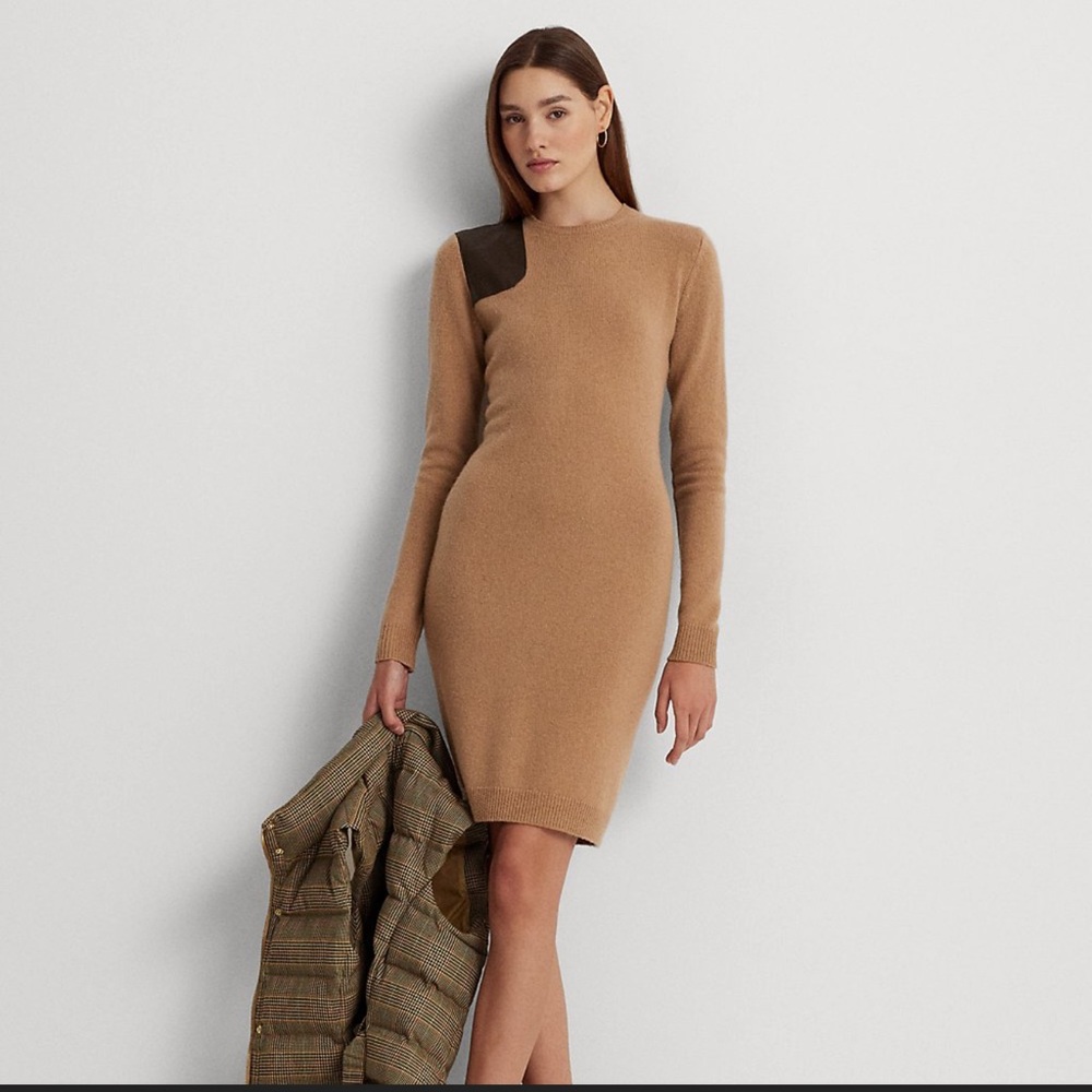 Ralph Lauren Tan Camel Cashmere Wool Long Sleeve Dress Woman Plus Sz 3X NWT Nice